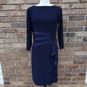 american living satin ruffle sheath dress